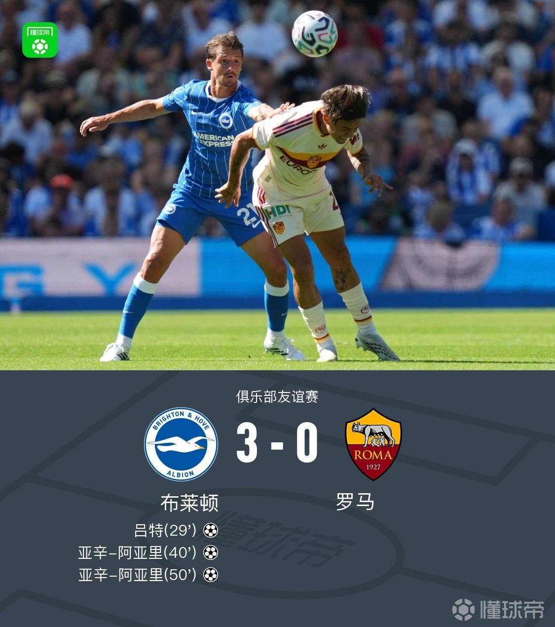 布莱顿3-0罗马,亚辛-阿亚里双响,吕特建功